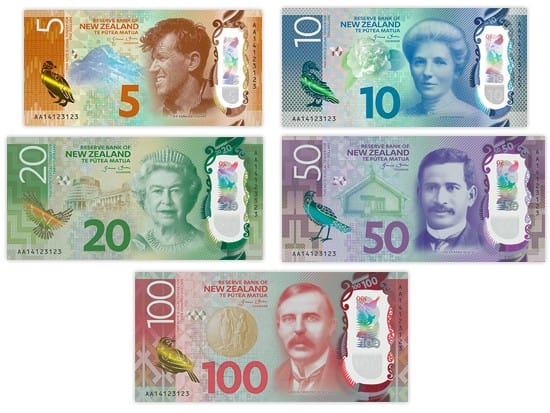 New Zealand Dollar Bank Notes (5, 10, 20, 50 & 100 NZD)
