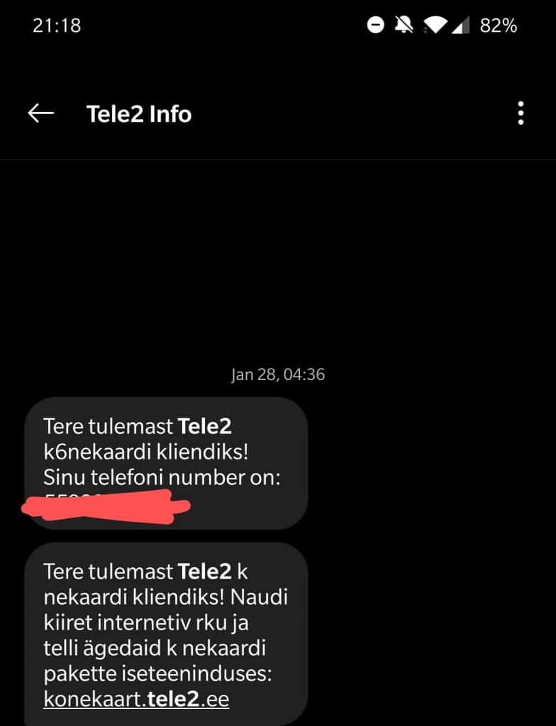 Activation SMS from Tele2 Estonia