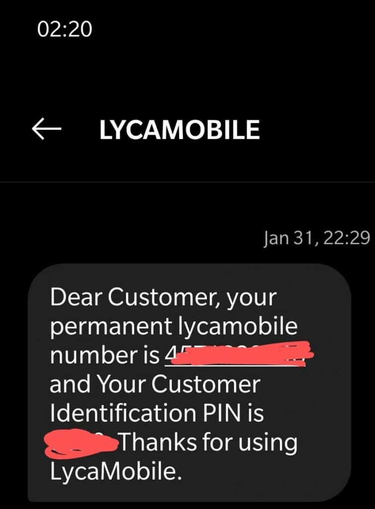 Activation confirmation text from Lycamobile Denmark