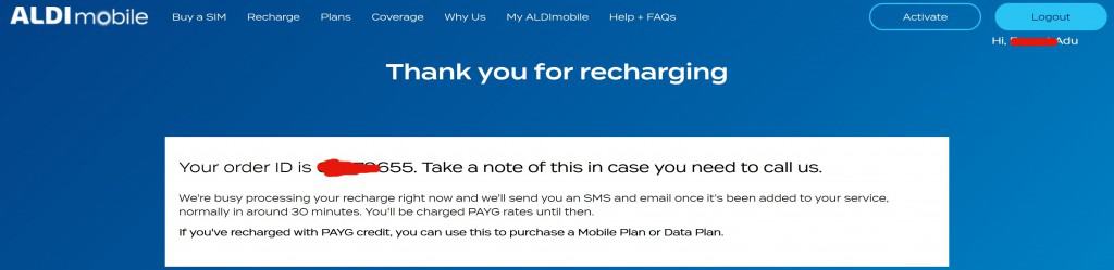 My ALDImobile recharge confirmation