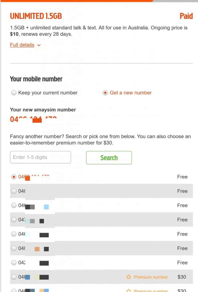 Amaysim SIM card activation instructions - phone number selection