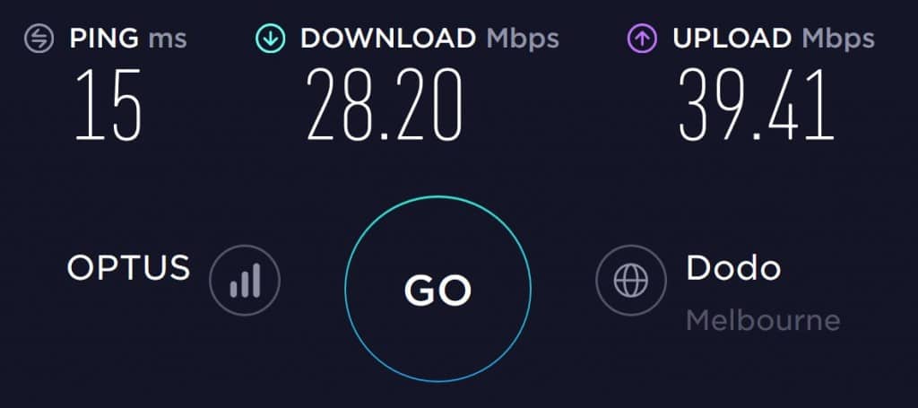 Optus Speed test results at Flinders Station in Melbourne