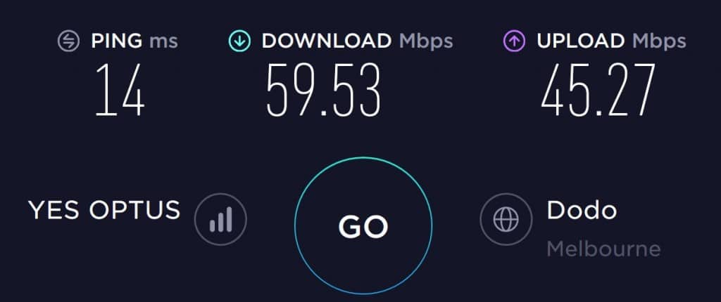 Optus Speed test results in South Melbourne