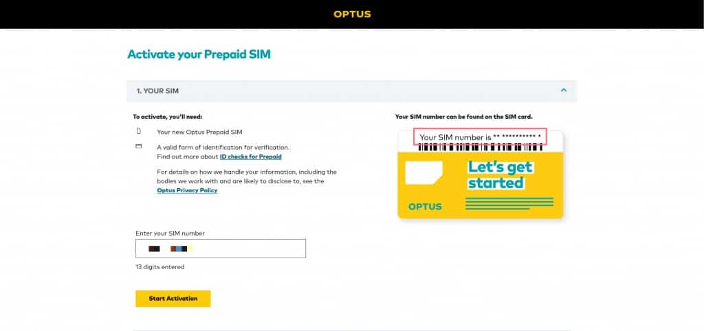 Optus Prepaid SIM Card activation instructions