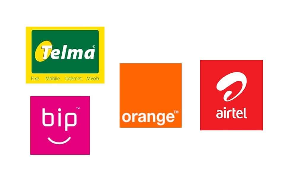 Logos of Telecom Providers in Madagascar: Telma, Bip, Orange Madagascar, and Airtel Madagascar