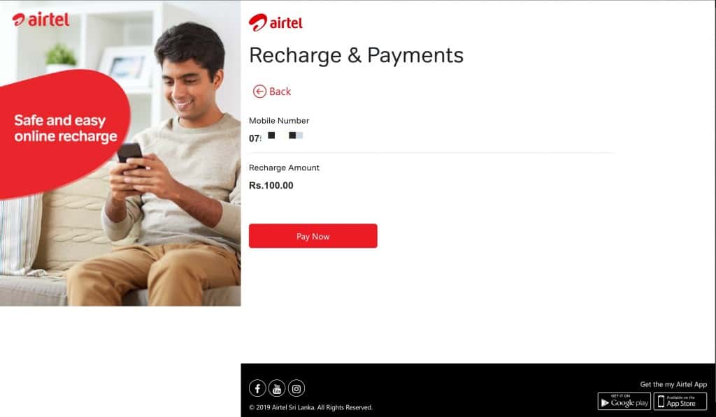 Airtel Sri Lanka Recharge & Payments - confirmation page