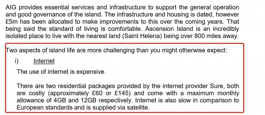 Government of Ascension Island stating internet is expensive on the island