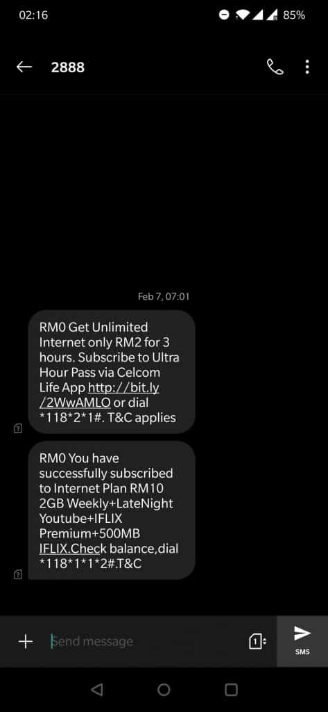 Celcom package activation confirmation SMS